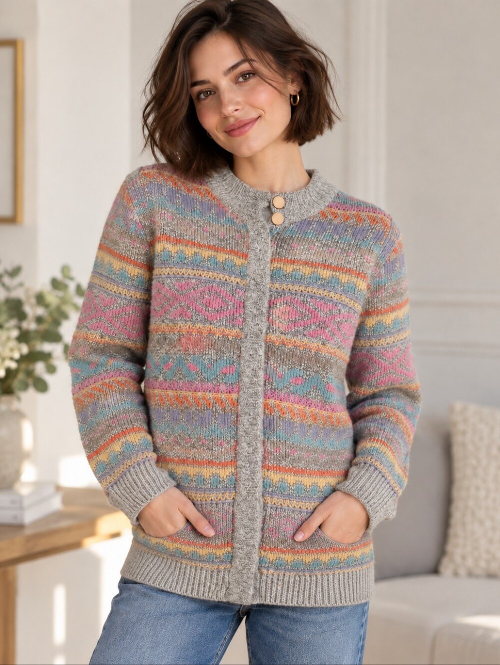 Multicolor, Oversized, Soft,  Patterned Women's Zip Sweater